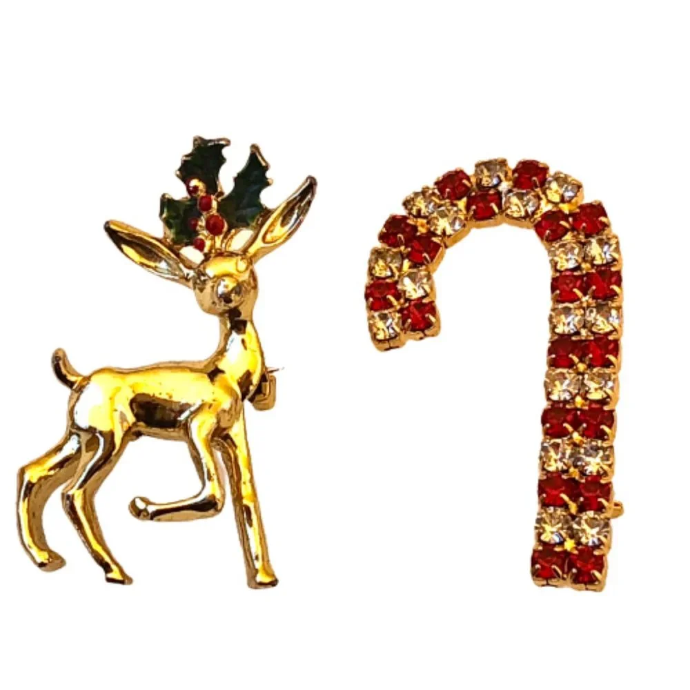 Christmas Vintage Brooch Gerrys Reindeer Enamel + Rhinestone Candy Cane